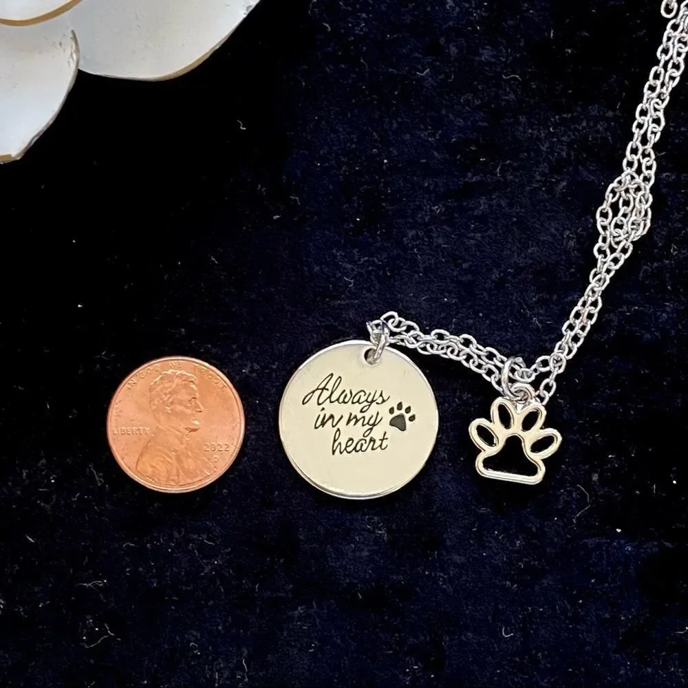 Dog Always In My Heart Paw Print Silver Plated Charm Necklace NWT